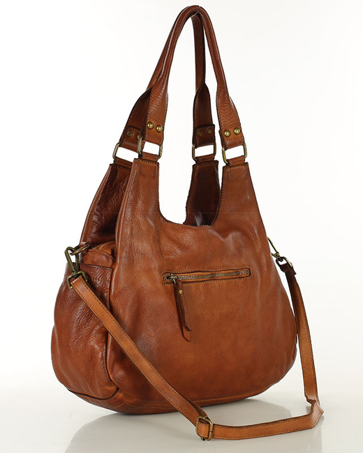 Włoska torebka skórzana z kieszenią z przodu retro bag handmade - MARCO MAZZINI brąz camel