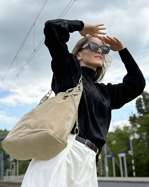 Torebka skórzana ponadczasowy design worek na ramię XL hobo leather bag - MARCO MAZZINI nubuk beżowa