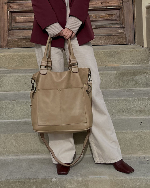 Torebka skórzana XL shopper vintage bag z kieszeniami vera pelle - MARCO MAZZINI beż taupe