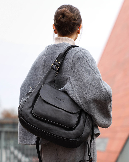 Włoska torebka skórzana z kieszenią z przodu retro bag handmade - MARCO MAZZINI czarny