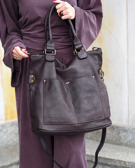 Torebka skórzana XL shopper vintage bag z kieszeniami vera pelle - MARCO MAZZINI brąz caffe