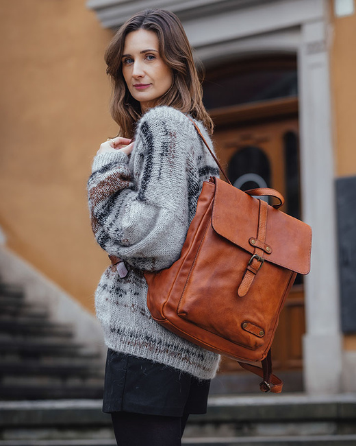 MARCO MAZZINI Miejski plecak skórzany w stylu old look handmade leather brąz camel