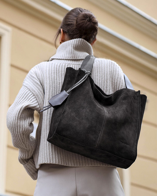 Czarna torba zamszowa ze skóry typu shopper - MARCO MAZZINI