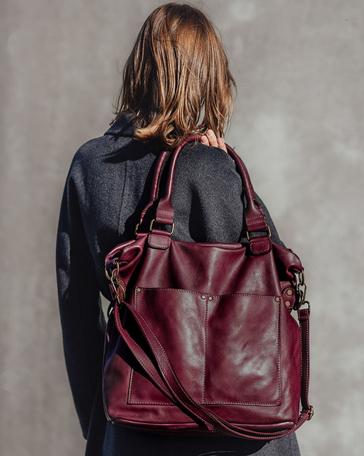Torebka skórzana XL shopper vintage bag z kieszeniami vera pelle - MARCO MAZZINI burgund