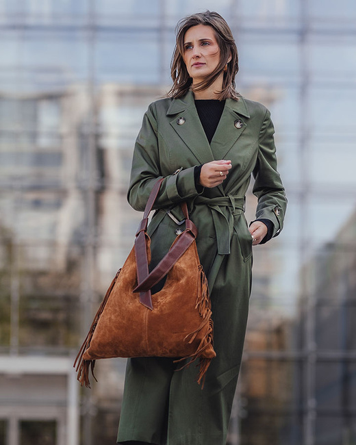 Torebka zamszowa shopperka skórzana frędzle boho brązowa camel - MARCO MAZZINI