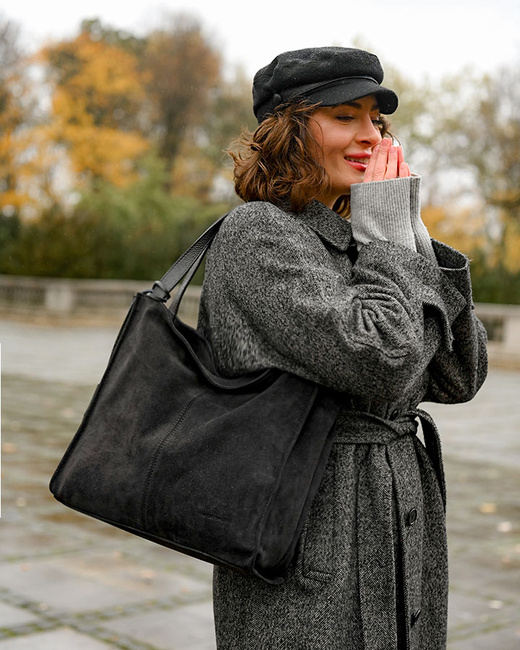 Czarna torba zamszowa ze skóry typu shopper - MARCO MAZZINI