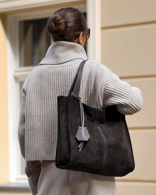 Czarna torba zamszowa ze skóry typu shopper - MARCO MAZZINI