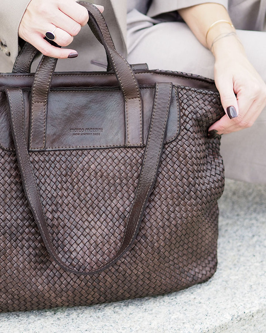 Torba damska pleciona shopper & shoulder leather bag - MARCO MAZZINI brąz caffe